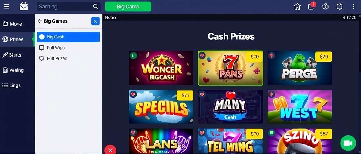 Big Cash Mobile Gaming Platform Big Cash app interface showing various game options and cash prizes